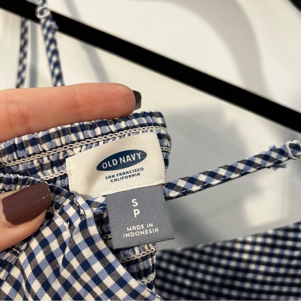 Old Navy Fit Flare Cami Blue White Gingham Smocked Summer Swing Mini Dress Small - Picture 9 of 9